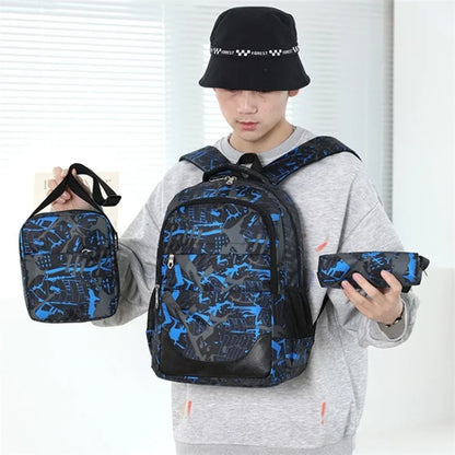 3Pcs / Set Nylon Large Capacity Schoolbag Travel Backpack Shoulder Bag Pencil Case
