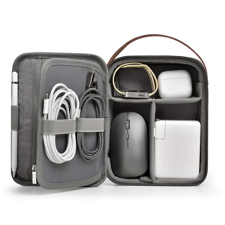 WIWU Splash-Proof Polyester Storage Bag with Leather Strap, Portable Zippered Organizer Bag