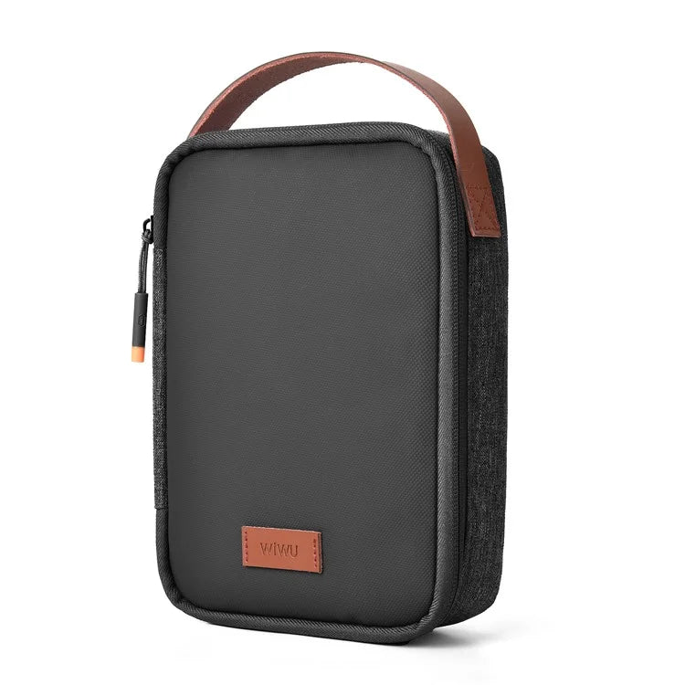 WIWU Splash-Proof Polyester Storage Bag with Leather Strap, Portable Zippered Organizer Bag