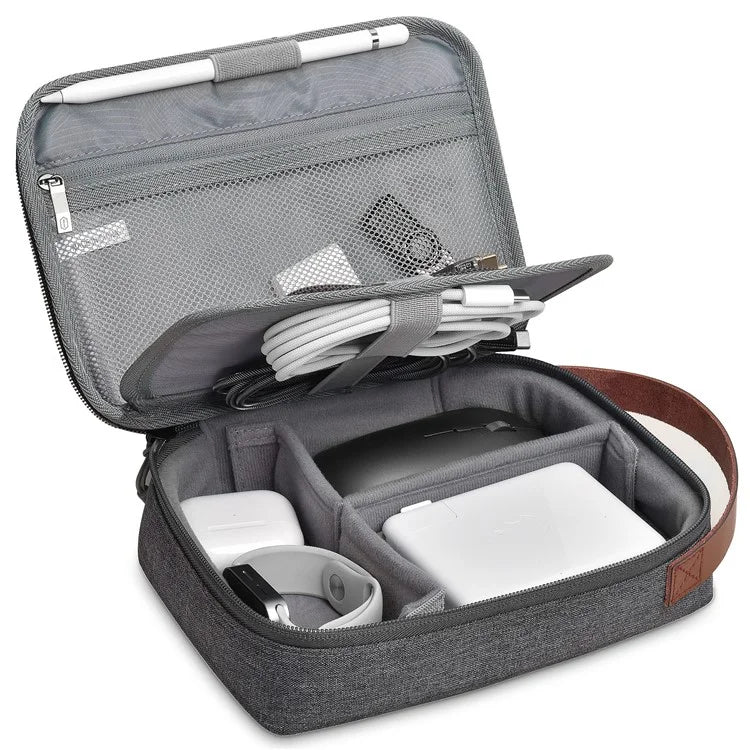 WIWU Splash-Proof Polyester Storage Bag with Leather Strap, Portable Zippered Organizer Bag