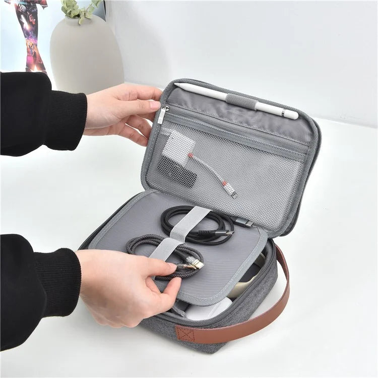 WIWU Splash-Proof Polyester Storage Bag with Leather Strap, Portable Zippered Organizer Bag