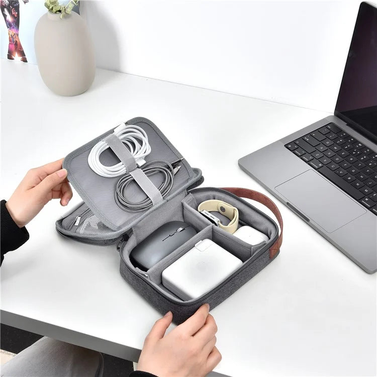 WIWU Splash-Proof Polyester Storage Bag with Leather Strap, Portable Zippered Organizer Bag
