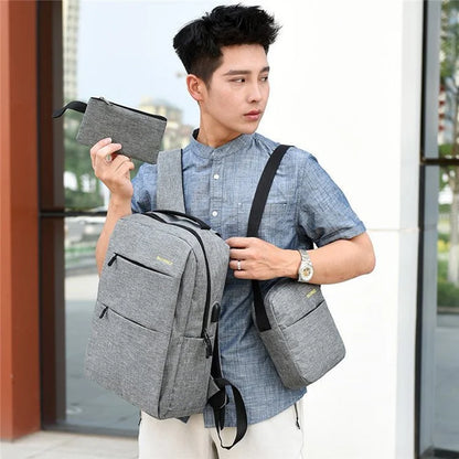 Backpack USB Charging Oxford Cloth Shoulders Bag with Small Pouch + Sling Bag