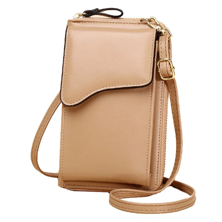7119 Cell Phone Pouch Solid Color PU Leather Zipper Wallet Women Small Crossbody Shoulder Bag