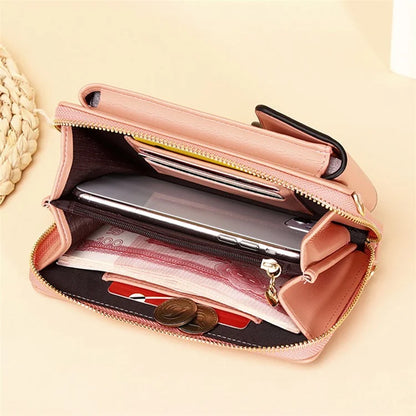 7119 Cell Phone Pouch Solid Color PU Leather Zipper Wallet Women Small Crossbody Shoulder Bag