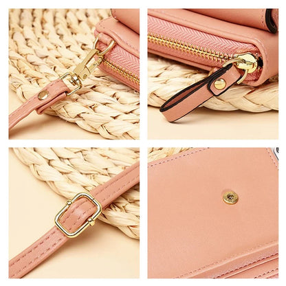 7119 Cell Phone Pouch Solid Color PU Leather Zipper Wallet Women Small Crossbody Shoulder Bag