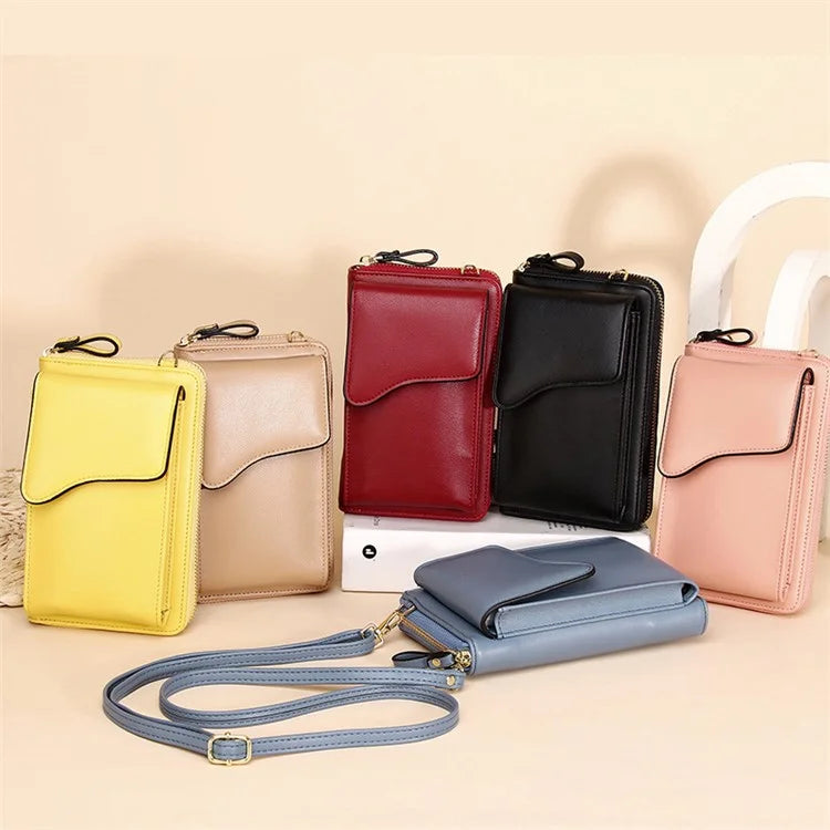 7119 Cell Phone Pouch Solid Color PU Leather Zipper Wallet Women Small Crossbody Shoulder Bag