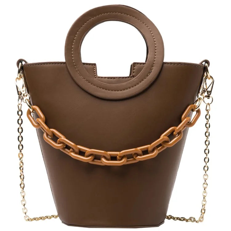 Chain Decor Women Crossbody Bag PU Leather Bucket Bag with Round Handle