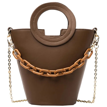 Chain Decor Women Crossbody Bag PU Leather Bucket Bag with Round Handle