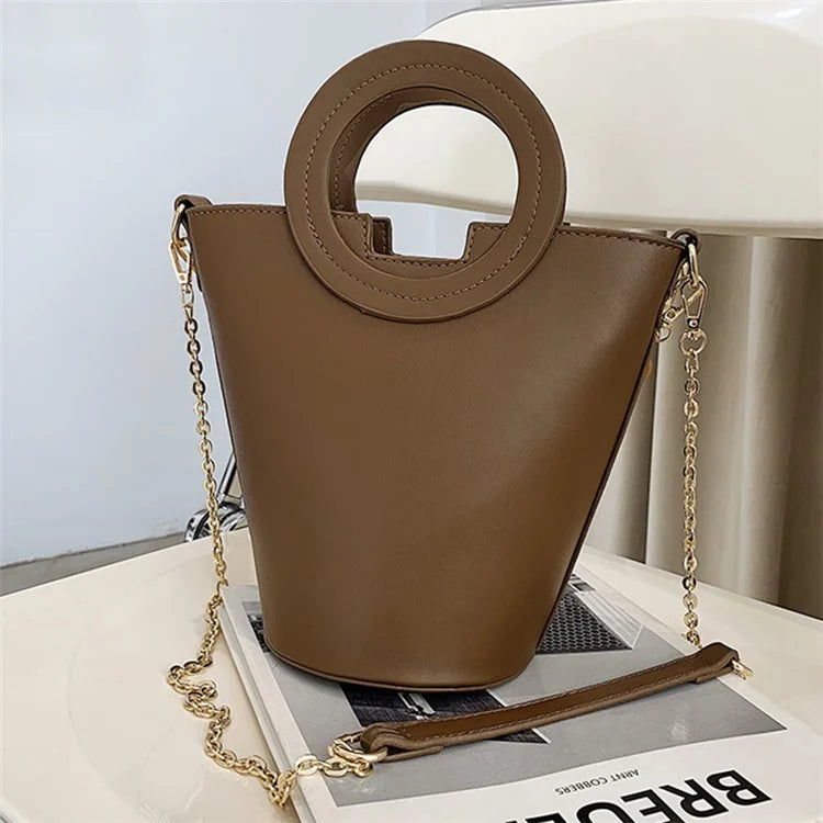 Chain Decor Women Crossbody Bag PU Leather Bucket Bag with Round Handle