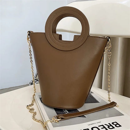 Chain Decor Women Crossbody Bag PU Leather Bucket Bag with Round Handle