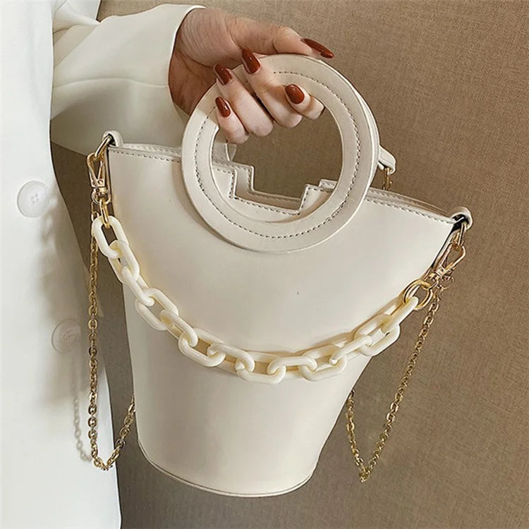 Chain Decor Women Crossbody Bag PU Leather Bucket Bag with Round Handle