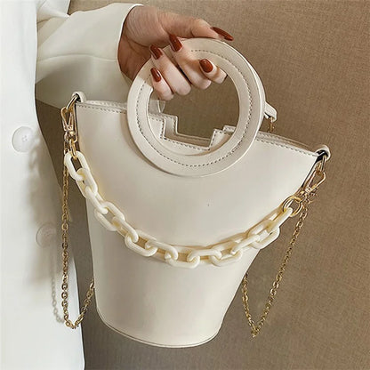 Chain Decor Women Crossbody Bag PU Leather Bucket Bag with Round Handle