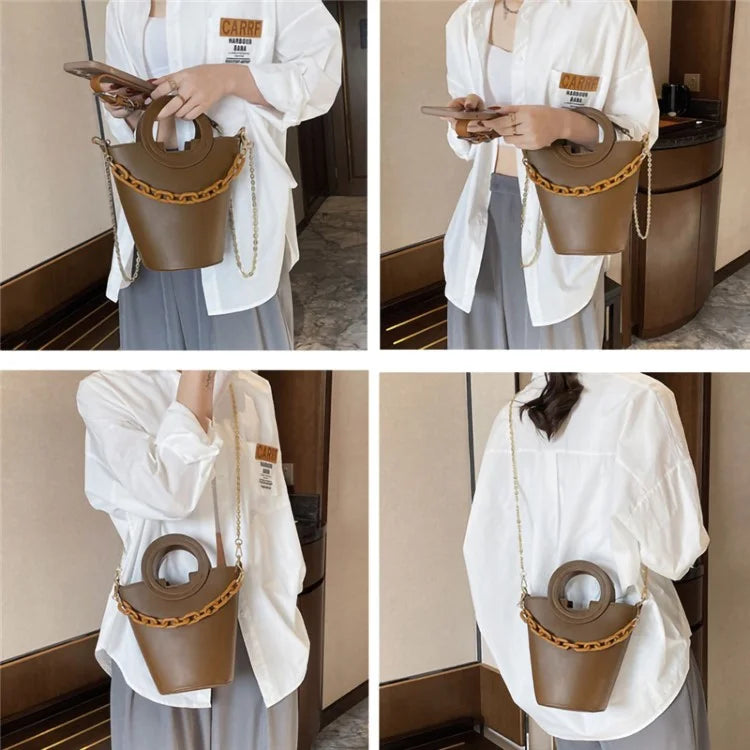 Chain Decor Women Crossbody Bag PU Leather Bucket Bag with Round Handle