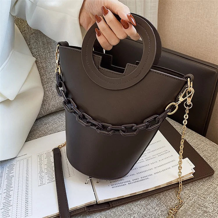 Chain Decor Women Crossbody Bag PU Leather Bucket Bag with Round Handle
