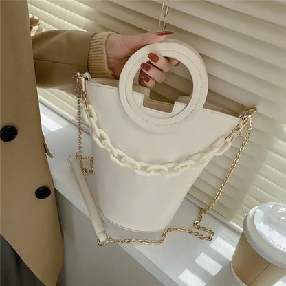 Chain Decor Women Crossbody Bag PU Leather Bucket Bag with Round Handle
