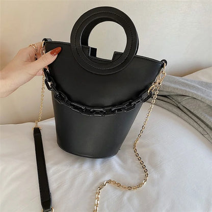 Chain Decor Women Crossbody Bag PU Leather Bucket Bag with Round Handle