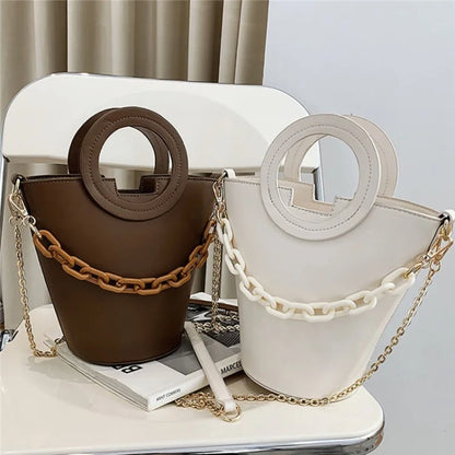 Chain Decor Women Crossbody Bag PU Leather Bucket Bag with Round Handle