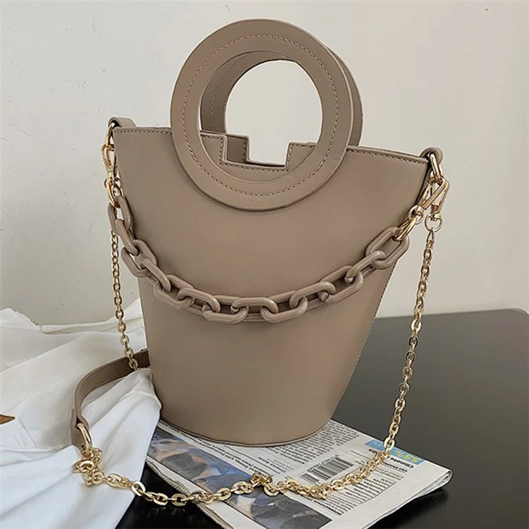 Chain Decor Women Crossbody Bag PU Leather Bucket Bag with Round Handle