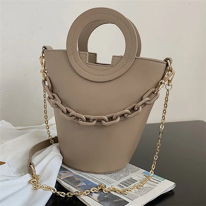 Chain Decor Women Crossbody Bag PU Leather Bucket Bag with Round Handle