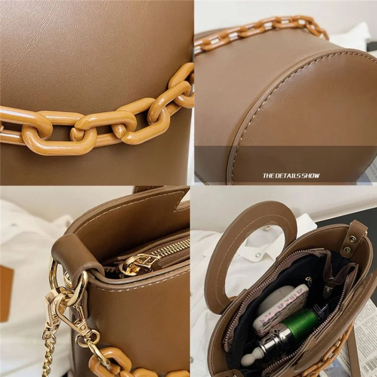 Chain Decor Women Crossbody Bag PU Leather Bucket Bag with Round Handle