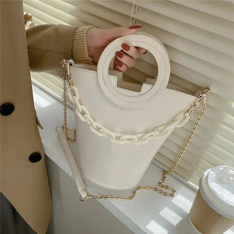 Chain Decor Women Crossbody Bag PU Leather Bucket Bag with Round Handle