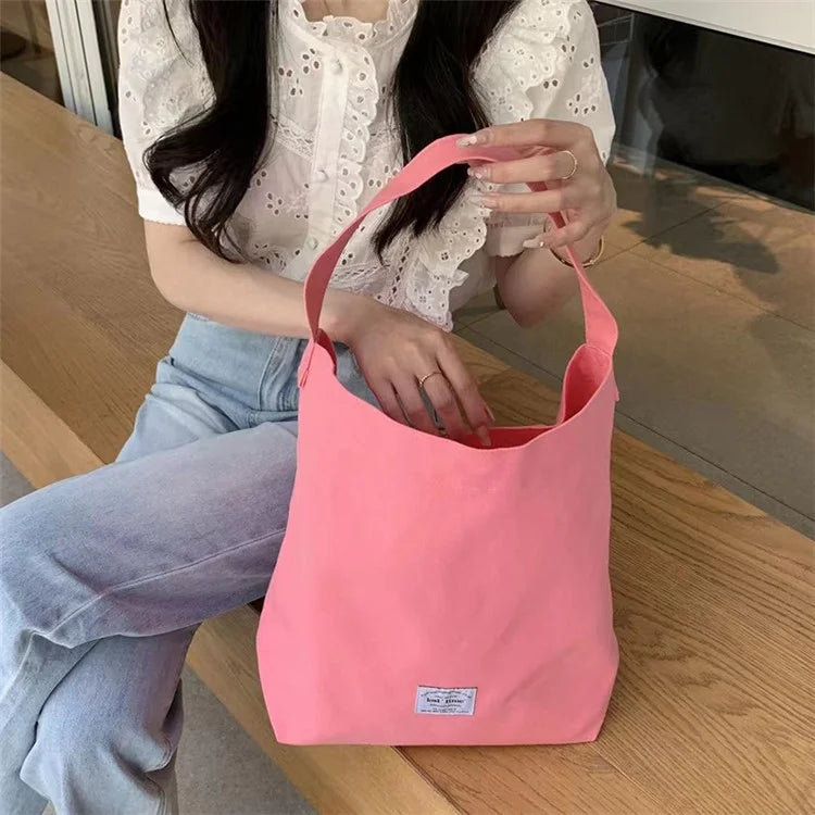 Candy Color Women Canvas Single Shoulder Bag Lightweight Shopping Bag