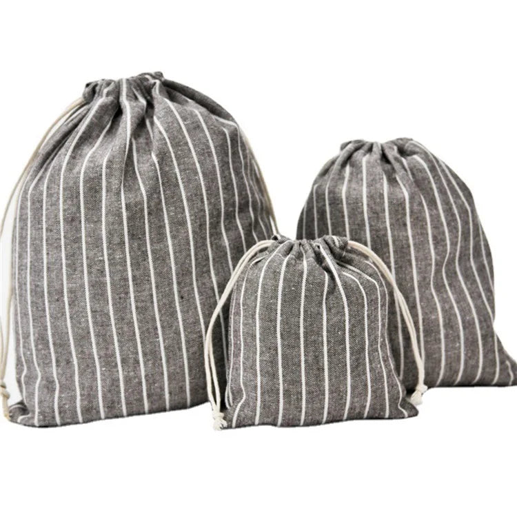 3Pcs / Set Drawstring Storage Bags Stripe Pattern Cotton Linen Pouches Travel Organizer