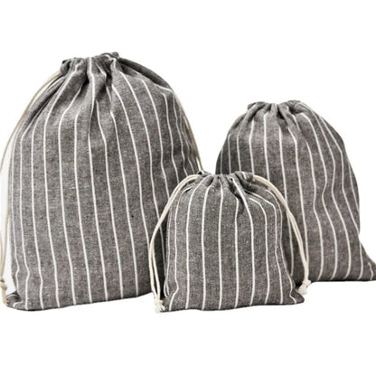 3Pcs / Set Drawstring Storage Bags Stripe Pattern Cotton Linen Pouches Travel Organizer