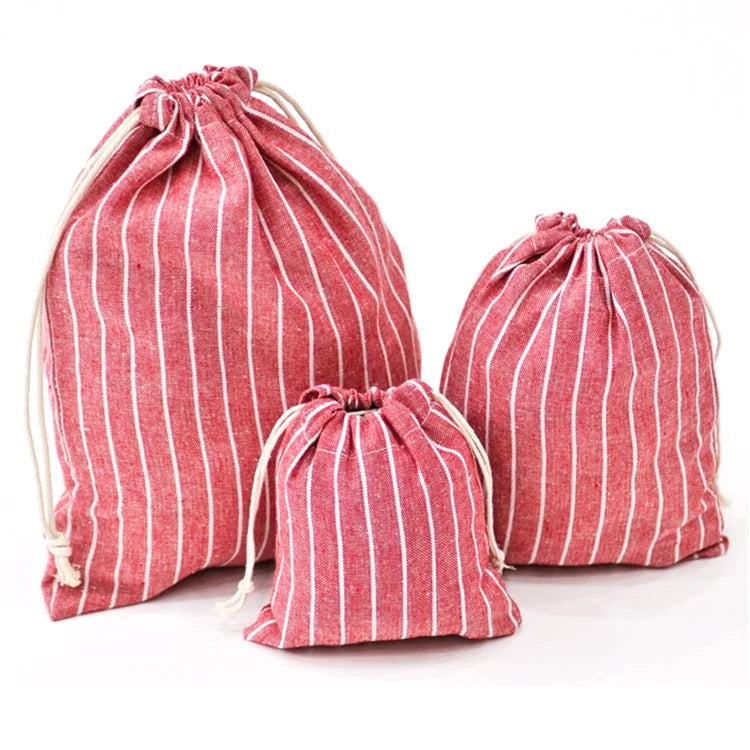 3Pcs / Set Drawstring Storage Bags Stripe Pattern Cotton Linen Pouches Travel Organizer