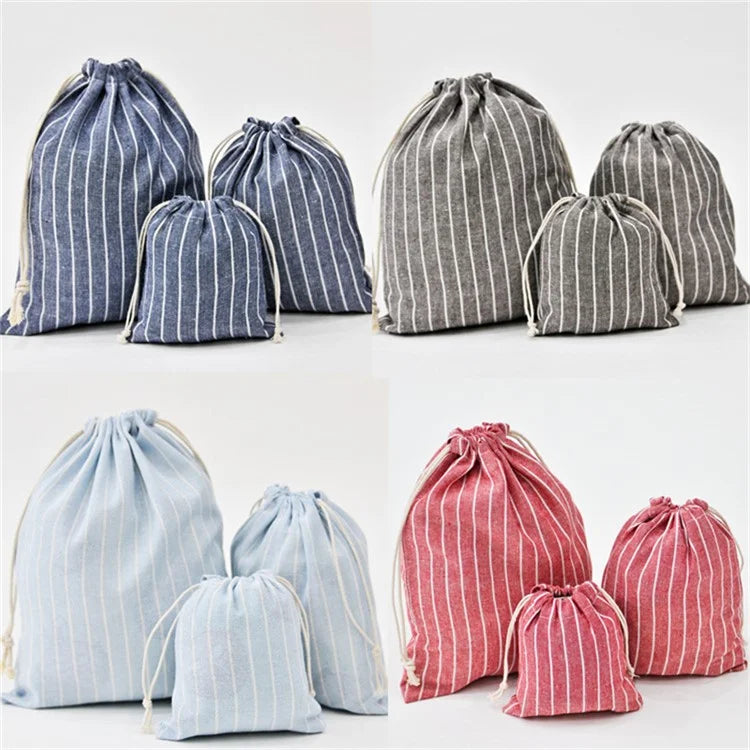 3Pcs / Set Drawstring Storage Bags Stripe Pattern Cotton Linen Pouches Travel Organizer