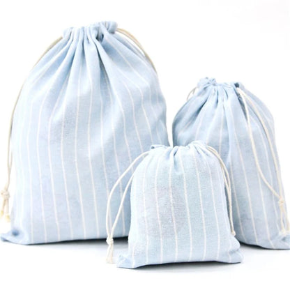 3Pcs / Set Drawstring Storage Bags Stripe Pattern Cotton Linen Pouches Travel Organizer