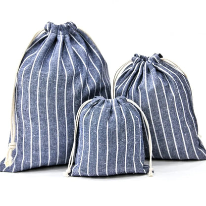 3Pcs / Set Drawstring Storage Bags Stripe Pattern Cotton Linen Pouches Travel Organizer