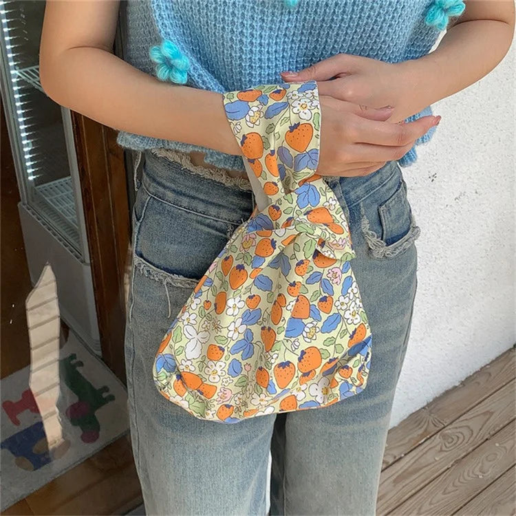 Cute Strawberry / Rabbit Pattern Cotton Linen Small Coin Purse Wrist Knot Tote Bag for Ladies Girls