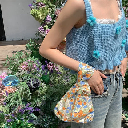Cute Strawberry / Rabbit Pattern Cotton Linen Small Coin Purse Wrist Knot Tote Bag for Ladies Girls