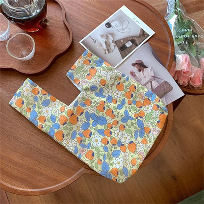 Cute Strawberry / Rabbit Pattern Cotton Linen Small Coin Purse Wrist Knot Tote Bag for Ladies Girls