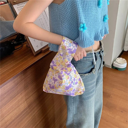 Cute Strawberry / Rabbit Pattern Cotton Linen Small Coin Purse Wrist Knot Tote Bag for Ladies Girls