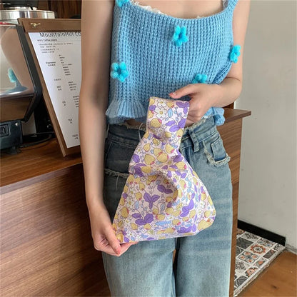 Cute Strawberry / Rabbit Pattern Cotton Linen Small Coin Purse Wrist Knot Tote Bag for Ladies Girls