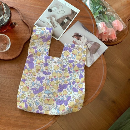Cute Strawberry / Rabbit Pattern Cotton Linen Small Coin Purse Wrist Knot Tote Bag for Ladies Girls