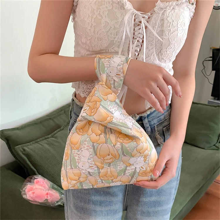 Cute Strawberry / Rabbit Pattern Cotton Linen Small Coin Purse Wrist Knot Tote Bag for Ladies Girls