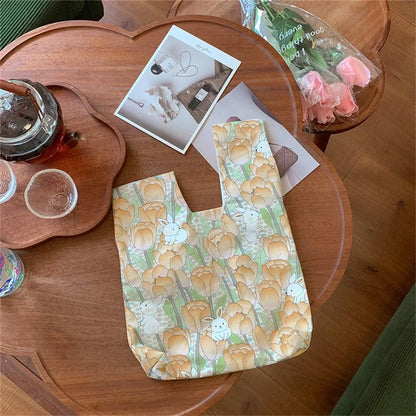 Cute Strawberry / Rabbit Pattern Cotton Linen Small Coin Purse Wrist Knot Tote Bag for Ladies Girls