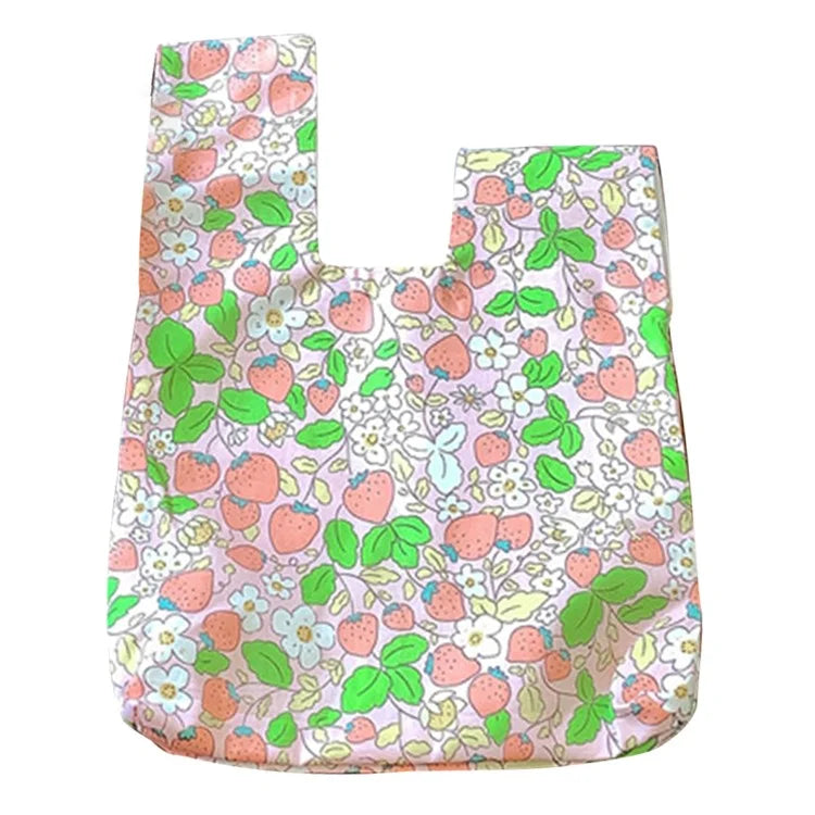 Cute Strawberry / Rabbit Pattern Cotton Linen Small Coin Purse Wrist Knot Tote Bag for Ladies Girls