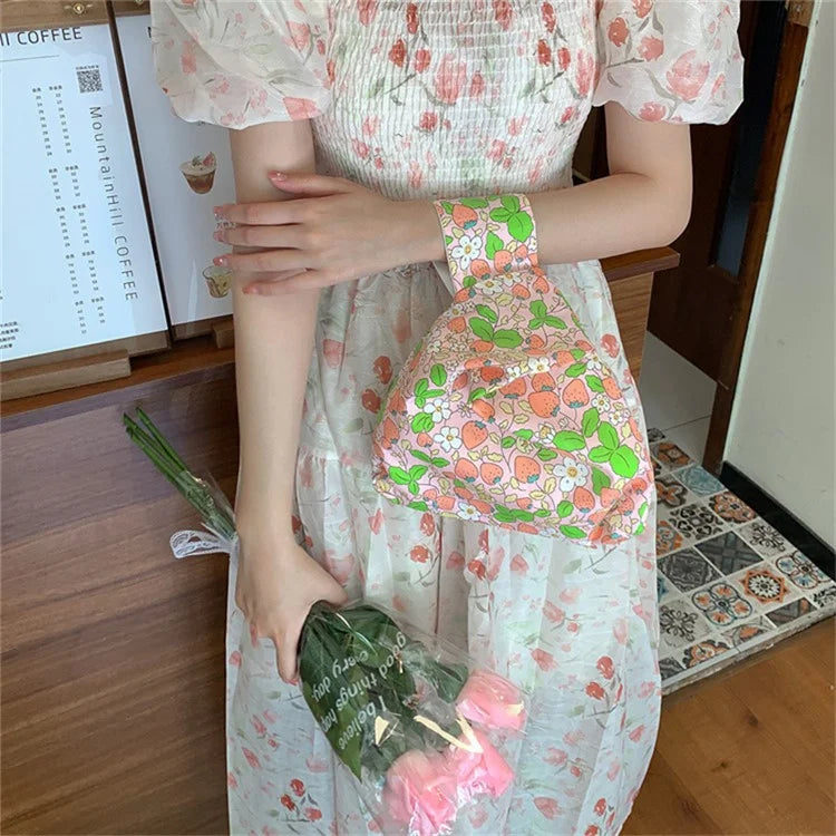 Cute Strawberry / Rabbit Pattern Cotton Linen Small Coin Purse Wrist Knot Tote Bag for Ladies Girls
