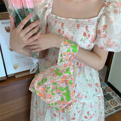 Cute Strawberry / Rabbit Pattern Cotton Linen Small Coin Purse Wrist Knot Tote Bag for Ladies Girls