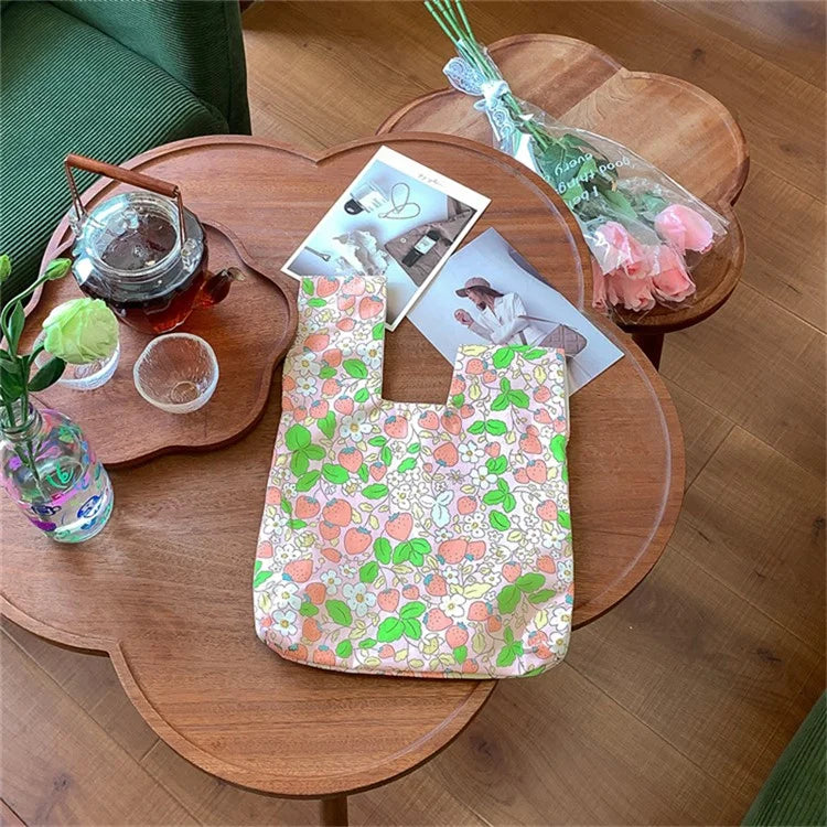 Cute Strawberry / Rabbit Pattern Cotton Linen Small Coin Purse Wrist Knot Tote Bag for Ladies Girls