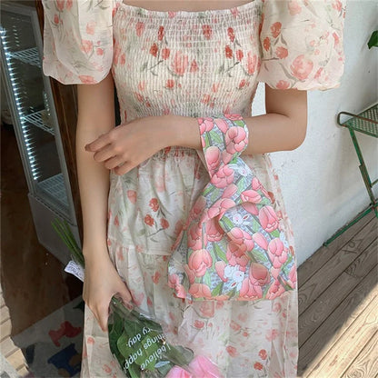 Cute Strawberry / Rabbit Pattern Cotton Linen Small Coin Purse Wrist Knot Tote Bag for Ladies Girls
