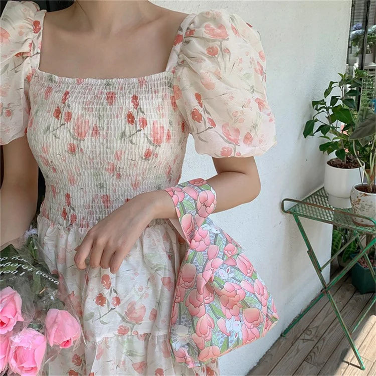 Cute Strawberry / Rabbit Pattern Cotton Linen Small Coin Purse Wrist Knot Tote Bag for Ladies Girls
