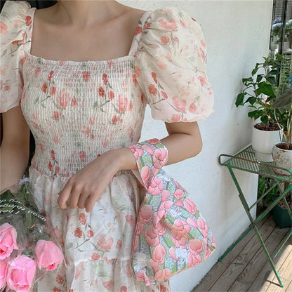 Cute Strawberry / Rabbit Pattern Cotton Linen Small Coin Purse Wrist Knot Tote Bag for Ladies Girls