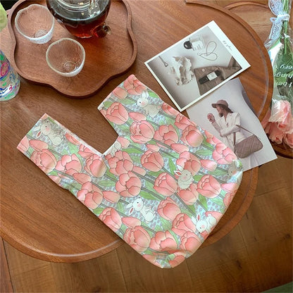 Cute Strawberry / Rabbit Pattern Cotton Linen Small Coin Purse Wrist Knot Tote Bag for Ladies Girls