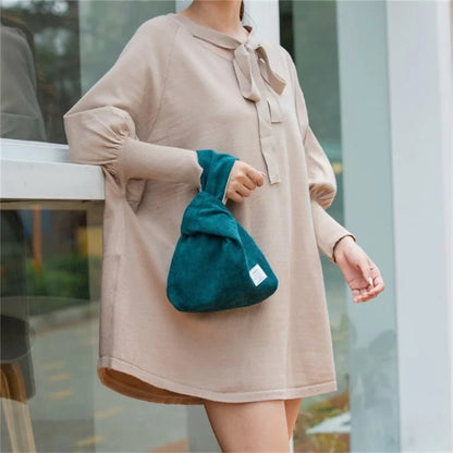 Autumn Winter Lightweight Corduroy Wrist Knot Tote Bag Small Coin Purse for Ladies Girls